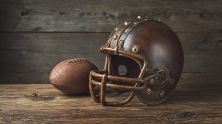 This vintage leather football helmet and ball sit gracefully on a wooden table. Perfect for sports lovers, history enthusiasts, or as a decorative piece in any setting.の素材