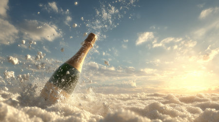 A champagne bottle erupts from a fluffy, cloud-like background, celebrating joy and festivities. The glowing sunset adds a touch of warmth and luxury to this moment.の素材