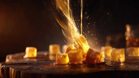 A stunning close-up of golden liquid being poured over ice cubes on a rustic wooden table, capturing the warm atmosphere of sunset and elegance of drink serving.の素材