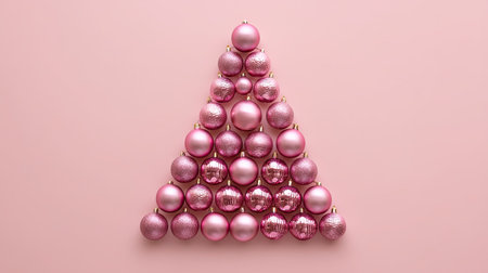 A creative arrangement of pink ornaments forming a Christmas tree shape on a soft pink background, perfect for festive seasons and holiday decorations.の素材
