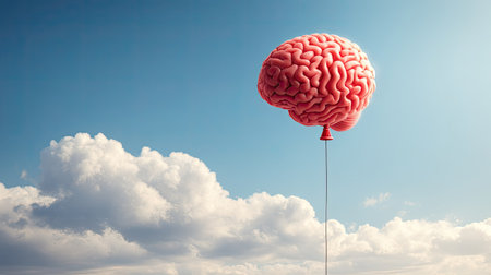 This surreal image depicts a vibrant brain-shaped balloon floating serenely in a clear sky above fluffy clouds, symbolizing creativity and imagination.の素材