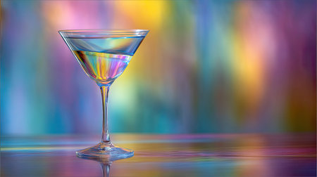A beautifully clear glass of martini sits against an abstract colorful background, reflecting light and creating a lively atmosphere perfect for celebrations.の素材