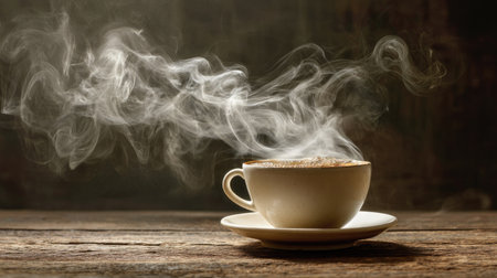 A serene image of a steaming cup of coffee resting on a rustic wooden table. The soft light highlights the steam rising, evoking warmth and comfort in a cozy setting.の素材
