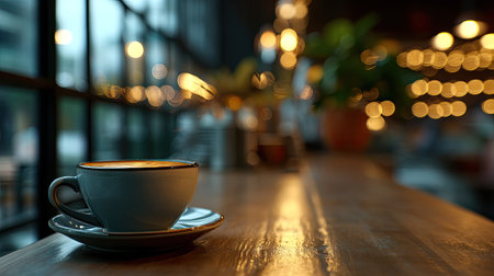 A cozy coffee cup sits on a wooden table in a warm cafe, creating an inviting atmosphere. The soft bokeh lighting enhances the relaxed vibe, perfect for enjoying a drink.の素材
