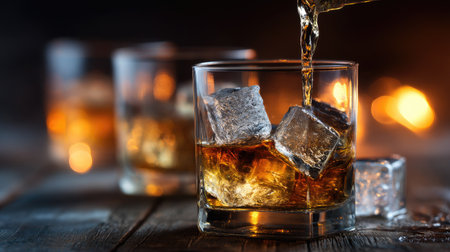 A close-up of whiskey being poured into a glass filled with ice cubes, creating a mesmerizing effect. The cozy atmosphere adds warmth and indulgence to this classic drink.の素材