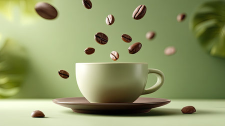 A minimalist scene featuring a cup of coffee with floating beans, highlighting freshness and energy. The soft green background enhances the calming and inviting atmosphere.の素材
