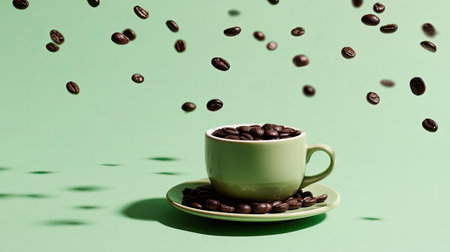 A captivating image of a green cup filled with coffee beans, surrounded by a scattering of beans above it. The vibrant green background enhances the freshness and aesthetic appeal of the scene.の素材