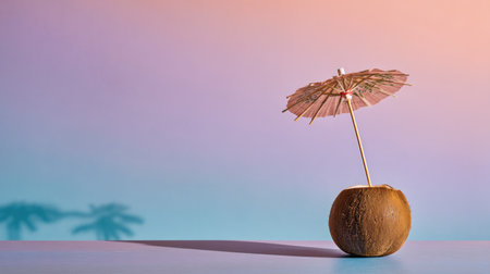 A beautiful coconut adorned with a mini umbrella sits on a surface, set against a soft gradient sunset background. Perfect for themes of relaxation and summer vibes.の素材
