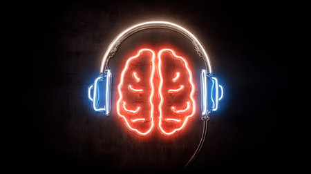 Vibrant neon illustration of a brain with headphones, symbolizing the connection between music, creativity, and mental stimulation. Perfect for projects in art and technology.の素材