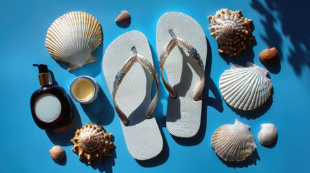 A vibrant flat lay of beach essentials featuring stylish flip flops, seashells, and sun cream, perfect for summer getaways and ocean adventures.の素材