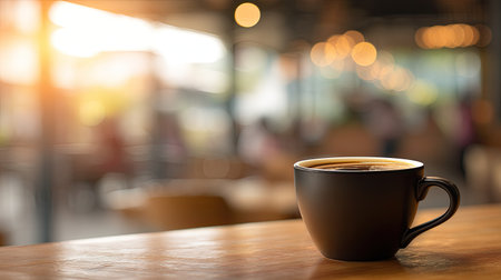 A warm coffee cup rests on a wooden table in a cozy cafの素材