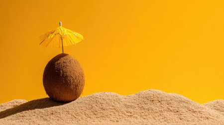 A whimsical scene featuring a brown egg topped with a mini umbrella, set against a sandy surface and vibrant yellow backdrop, evokes feelings of summer fun and creativity.の素材