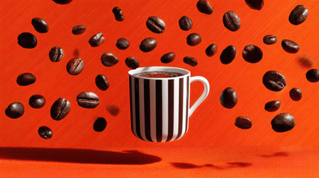 A stylish coffee cup floats amidst rich coffee beans, creating a dynamic and vibrant scene. The bold orange background enhances the eye-catching design.の素材