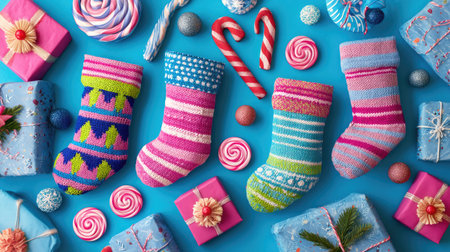 A vibrant display of colorful knitted stockings surrounded by festive candies and gifts. Perfect for celebrating the joyous winter season and creating warm memories.の素材