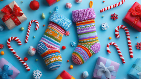 Brightly colored knitted Christmas stockings are showcased with festive gifts and candy treats, creating a joyful and cheerful holiday atmosphere.の素材