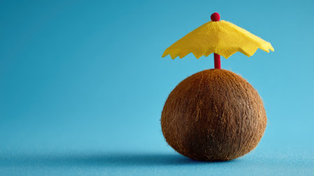 A whimsical miniature brown ball topped with a yellow umbrella against a vibrant blue background, perfect for creative concepts, playful design, and summer themes.の素材