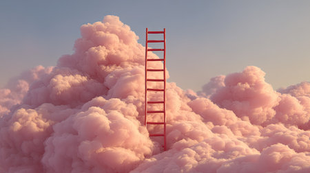 A surreal scene featuring a bright red ladder ascending into fluffy pink clouds, evoking feelings of dreaminess and adventure. Perfect for creative projects.の素材