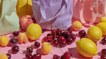 A colorful display of fresh summer fruits including cherries, lemons, and peaches, surrounded by vibrant tote bags on a bright pink surface, evoking joy.の素材