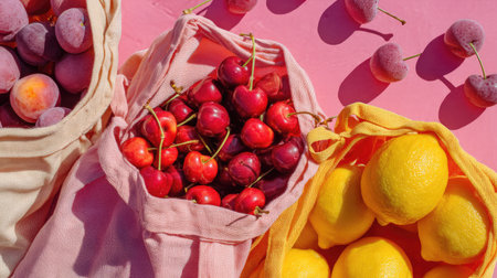 A vibrant arrangement of fresh fruits including cherries, lemons, and peaches displayed in colorful bags on a playful pink background, representing joyful summer vibes.の素材