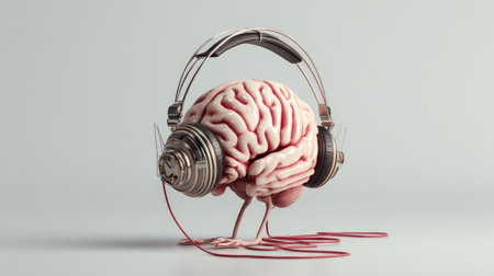 An imaginative representation of a brain wearing headphones, symbolizing the connection between music, creativity, and cognitive processes. Perfect for concepts related to sound and mental health.の素材