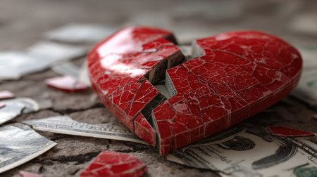 A striking representation of a broken heart amidst crumpled dollar bills, symbolizing the pain of emotional loss intertwined with financial struggles, evoking deep feelings of sorrow and betrayal.の素材