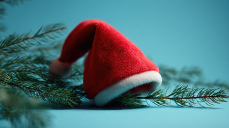 A vibrant red Santa hat is placed on lush green pine branches, creating a festive atmosphere. The soft texture contrasts beautifully with the blue background, evoking holiday cheer.の素材