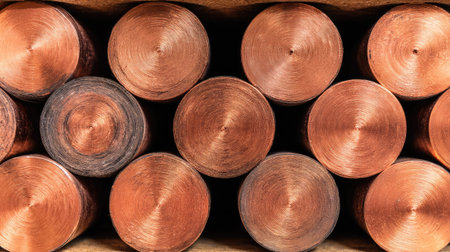 This image showcases a close-up view of neatly stacked copper rods, highlighting their unique texture and shine, perfect for industrial and manufacturing themes.の素材