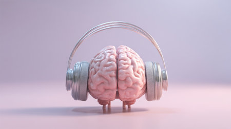 Unique illustration of a brain wearing headphones, symbolizing the connection between music, learning, and creativity. Perfect for educational or artistic projects.の素材