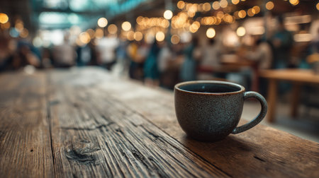 A cozy coffee cup sits on a rustic wooden table, creating an inviting atmosphere in a lively cafe filled with warm bokeh lights and blurred patrons.の素材