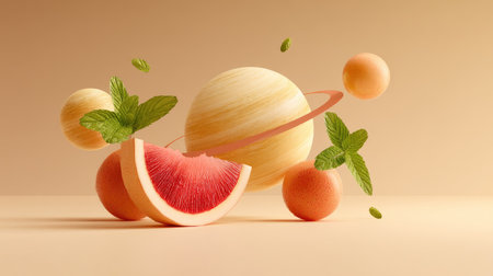 A whimsical arrangement featuring fruit and planetary shapes, accented by mint leaves. Ideal for representing freshness, creativity, and modern design in art.の素材