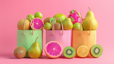 A vibrant arrangement of fresh fruits displayed in stylish shopping bags against a pink backdrop. Perfect for promoting healthy eating and colorful aesthetics.の素材