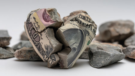 A striking image depicting a broken heart made from a dollar bill surrounded by rough stone fragments, symbolizing the emotional challenges of financial loss and relationships.の素材
