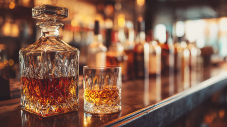 A stunning whiskey decanter and a glass filled with amber liquid sit elegantly on a wooden bar countertop, creating a warm and inviting atmosphere for gatherings.の素材