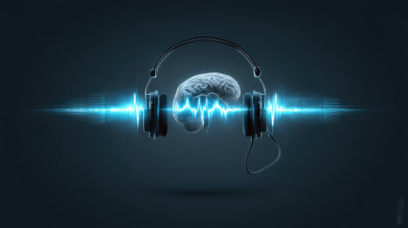 Captivating visual of a brain with headphones, surrounded by sound waves, symbolizing the connection between music and mental wellness. Ideal for creative projects.の素材