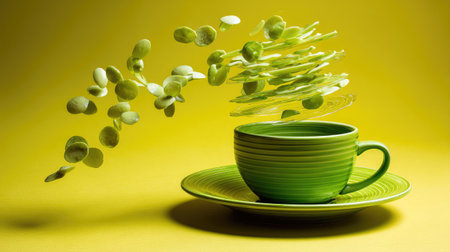 A striking green cup with a floating display of leaves and beans against a vibrant yellow backdrop, showcasing artistic and minimalistic design elements.の素材