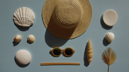 A collection of summer beach essentials displayed on a blue background. Features include a straw hat, various shells, and stylish sunglasses, evoking relaxation and coastal charm.の素材