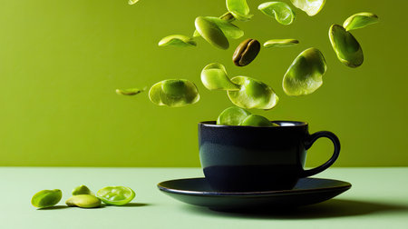 A striking composition featuring green leaves and coffee beans floating above a sleek black cup against a vibrant green background, evoking freshness and creativity.の素材