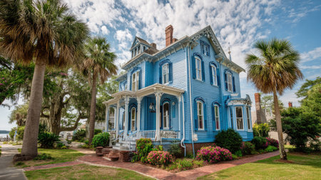 A stunning blue Victorian house embraced by palm trees and a blooming garden, showcasing intricate architecture under a bright sunny sky. Perfect for inspirational travel imagery.の素材