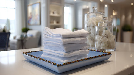 A beautifully arranged stack of fresh white towels on a stylish blue plate adds elegance to any interior setting, creating a soothing and inviting atmosphere.の素材