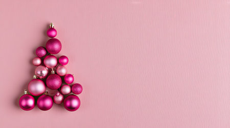 Festive pink tree made of colorful ornaments against a pastel pink background. Perfect for holiday themes, decorations, and joyful celebrations.の素材
