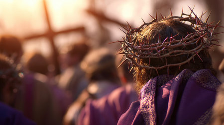 A man wearing a crown of thorns stands amidst a gathering at sunrise, evoking deep emotions in this powerful representation of religious faith and tradition.の素材