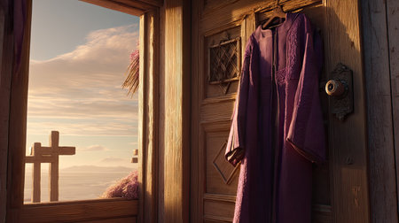 A tranquil scene featuring a traditional garment hanging by an open wooden doorway during sunset. The warm colors create a serene atmosphere perfect for relaxation and reflection.の素材