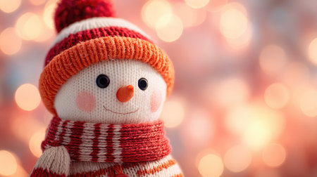 This charming snowman features a knitted design with bright colors, a cheerful expression, and is set against a backdrop of festive lights, evoking joy.の素材