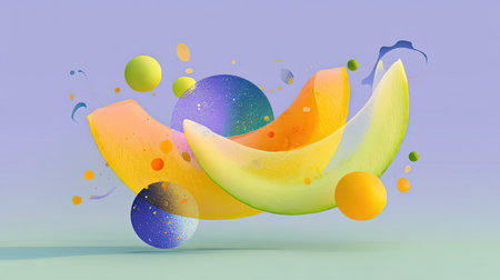 This vibrant abstract design showcases melon shapes alongside colorful spheres. Perfect for summer-themed projects or modern decor, it embodies freshness and creativity.の素材
