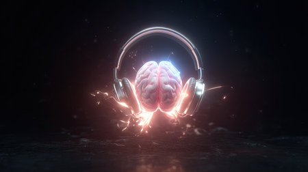 This captivating image features a vibrant brain wearing headphones, symbolizing the connection between music and mental exploration. Ideal for creative projects.の素材