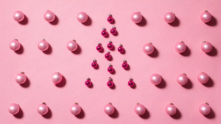 A vibrant flat lay featuring an artistic arrangement of pink ornaments on a pink background, perfect for festive celebrations or modern decor.の素材
