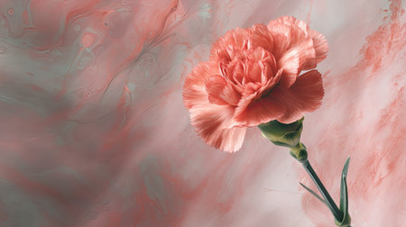 A stunning single pink carnation against a soft abstract background featuring pastel tones. This image symbolizes beauty and elegance in nature.の素材