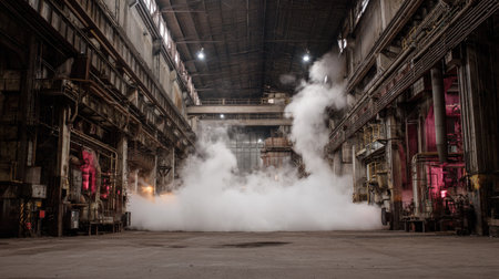 A dramatic view of an abandoned industrial warehouse filled with smoke and steam, showcasing the remnants of machinery and the atmosphere of decline in urban spaces.の素材