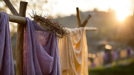 Beautiful sunset scene featuring colorful fabrics draped outdoors, with natural elements enhancing the tranquility and artistic composition of the moment.の素材