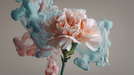 A stunning arrangement of a carnation flower surrounded by swirling pastel inks in blue and pink, creating a serene and artistic composition perfect for branding or decoration.の素材
